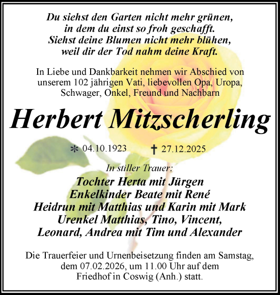 Traueranzeige von Herbert Mitzscherling von Trauerkombi Dessau