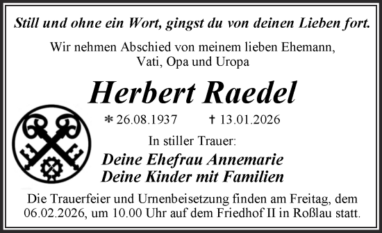 Traueranzeige von Herbert Raedel von Trauerkombi Dessau