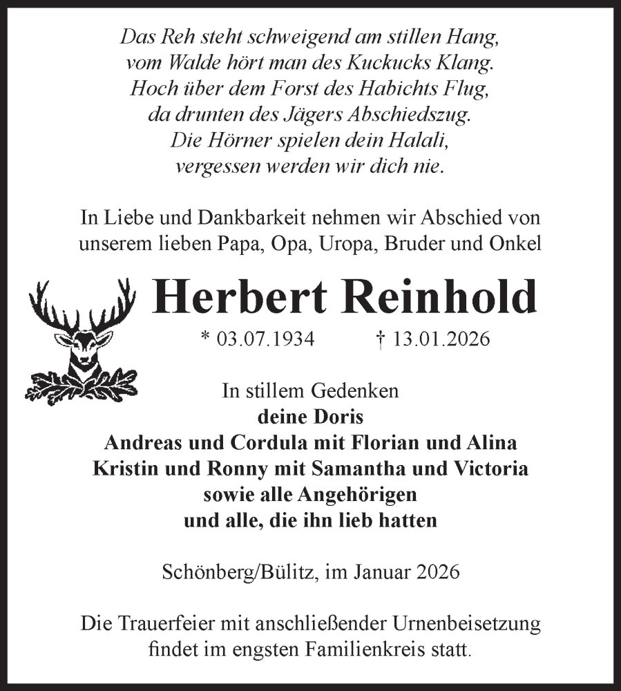  Traueranzeige für Herbert Reinhold vom 17.01.2026 aus Volksstimme Altmark Ost