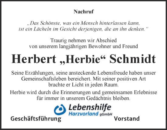 Traueranzeige von Herbert Schmidt von Super Sonntag Aschersleben