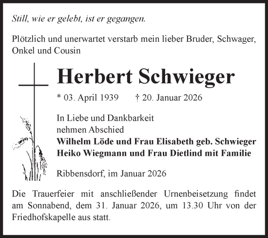 Traueranzeige von Herbert Schwieger von Volksstimme Haldensleben/Wolmirstedt