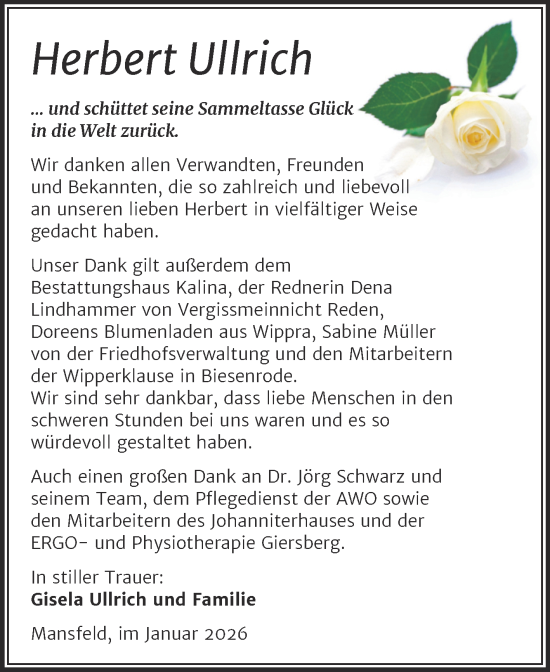 Traueranzeige von Herbert Ullrich von Trauerkombi Mansfelder Land