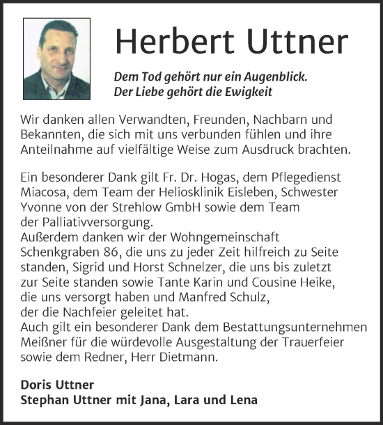 Traueranzeige von Herbert Uttner von Trauerkombi Sangerhausen