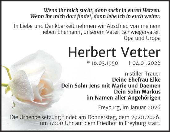 Traueranzeige von Herbert Vetter von Super Sonntag Naumburg/Nebra