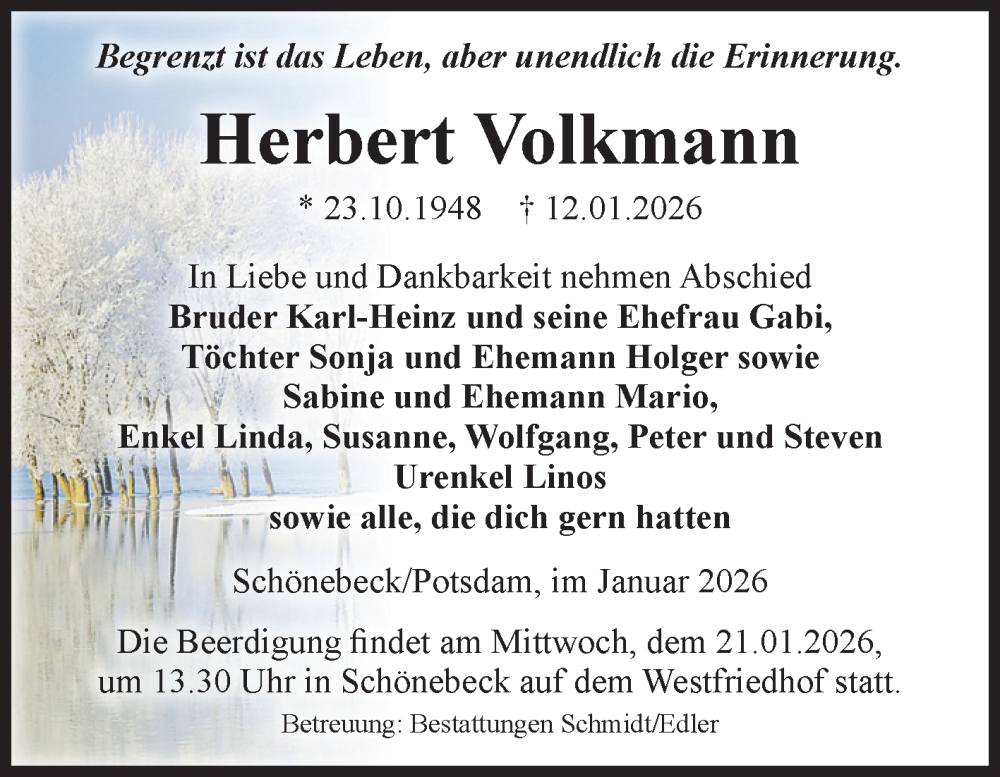  Traueranzeige für Herbert Volkmann vom 17.01.2026 aus Volksstimme Schönebeck