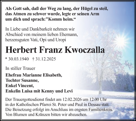Traueranzeige von Herbert Franz Kwoczalla von Trauerkombi Dessau