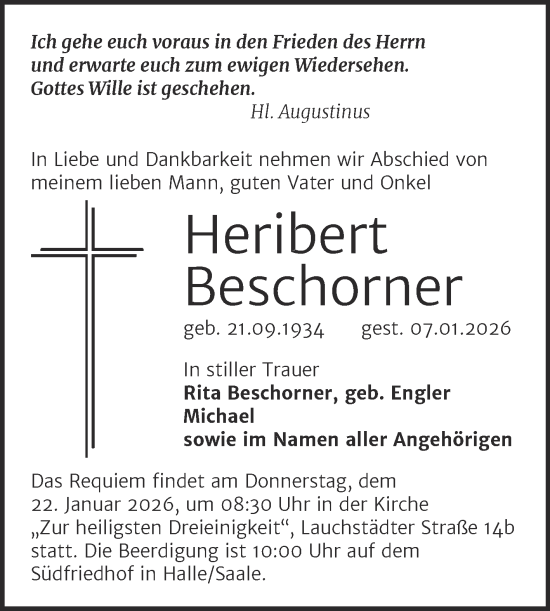 Traueranzeige von Heribert Beschorner von Mitteldeutsche Zeitung Halle/Saalkreis
