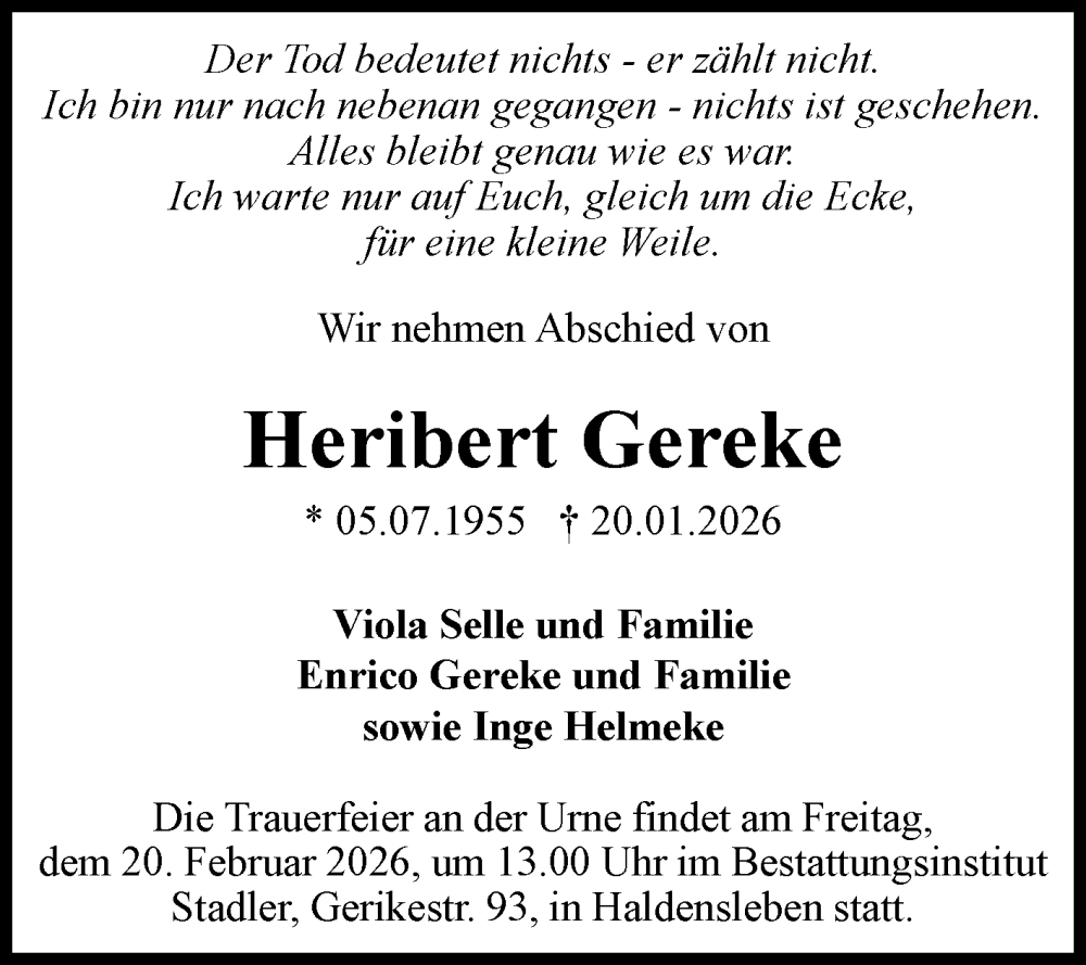  Traueranzeige für Heribert Gereke vom 31.01.2026 aus Volksstimme Haldensleben/Wolmirstedt