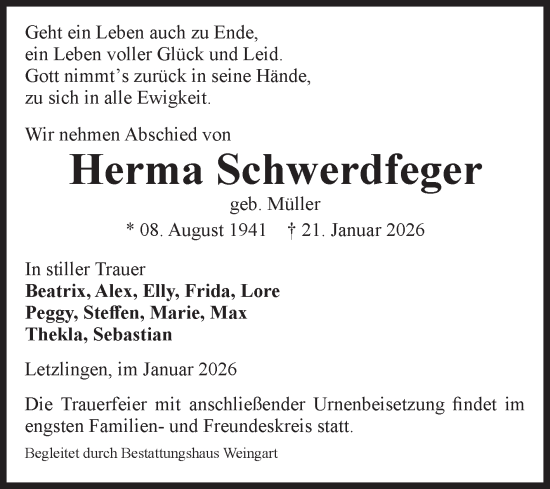 Traueranzeige von Herma Schwerdfeger von Volksstimme Altmark West