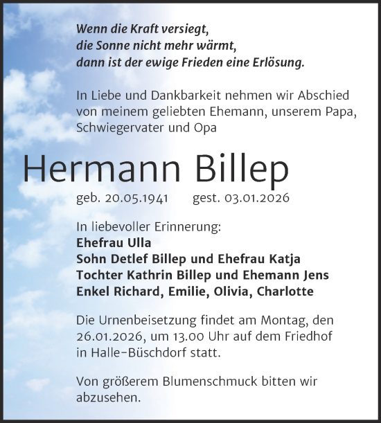 Traueranzeige von Hermann Billep von Mitteldeutsche Zeitung Halle/Saalkreis