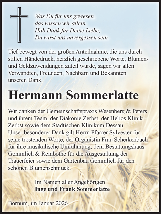 Traueranzeige von Hermann Sommerlatte von Volksstimme Zerbst