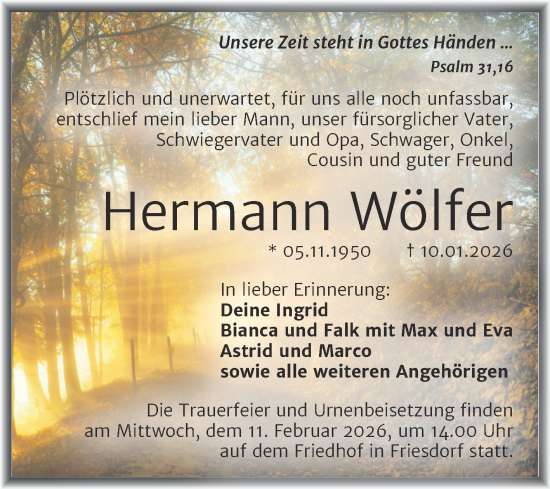 Traueranzeige von Hermann Wölfer von Trauerkombi Mansfelder Land