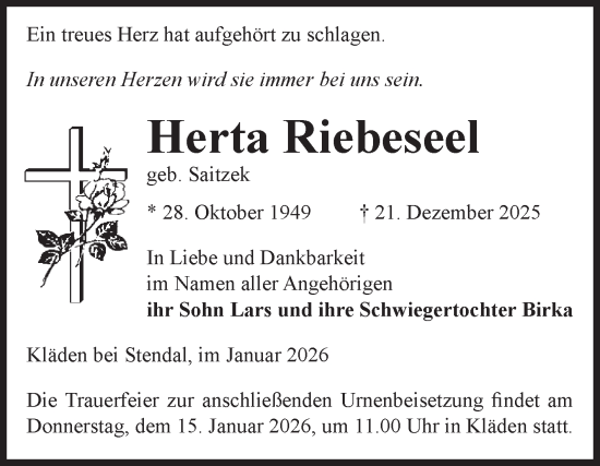 Traueranzeige von Herta Riebeseel von Volksstimme Altmark Ost