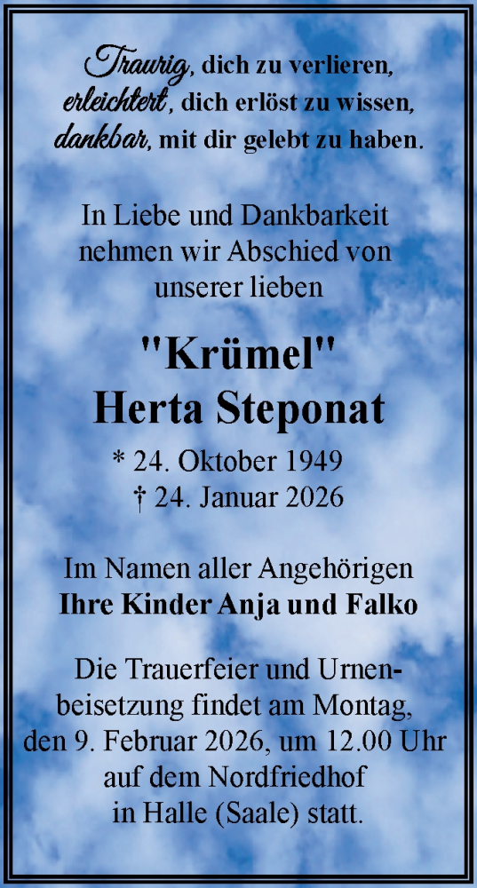 Traueranzeige von Herta Steponat von Mitteldeutsche Zeitung Halle/Saalkreis