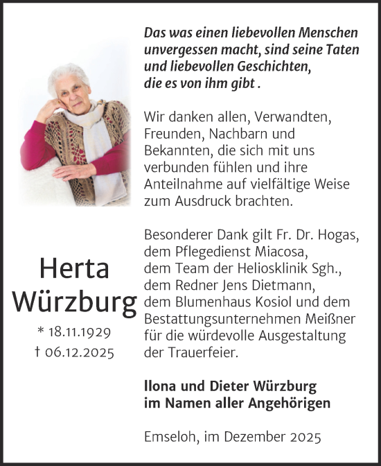 Traueranzeige von Herta Würzburg von Super Sonntag Sangerhausen