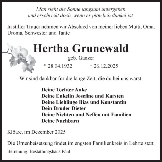 Traueranzeige von Hertha Grunewald von Volksstimme Altmark West