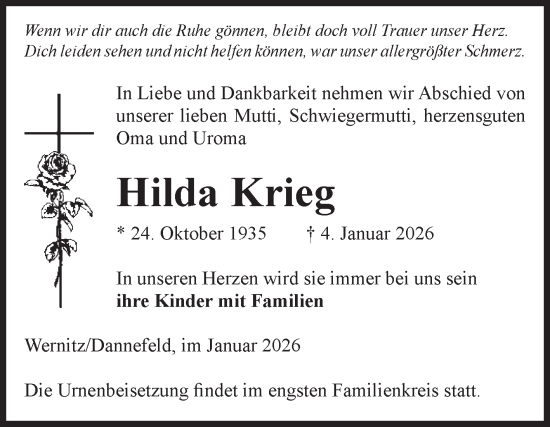 Traueranzeige von Hilda Krieg von Volksstimme Altmark West