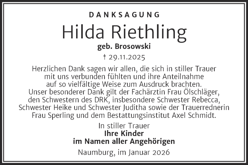  Traueranzeige für Hilda Riethling vom 10.01.2026 aus Super Sonntag Naumburg/Nebra