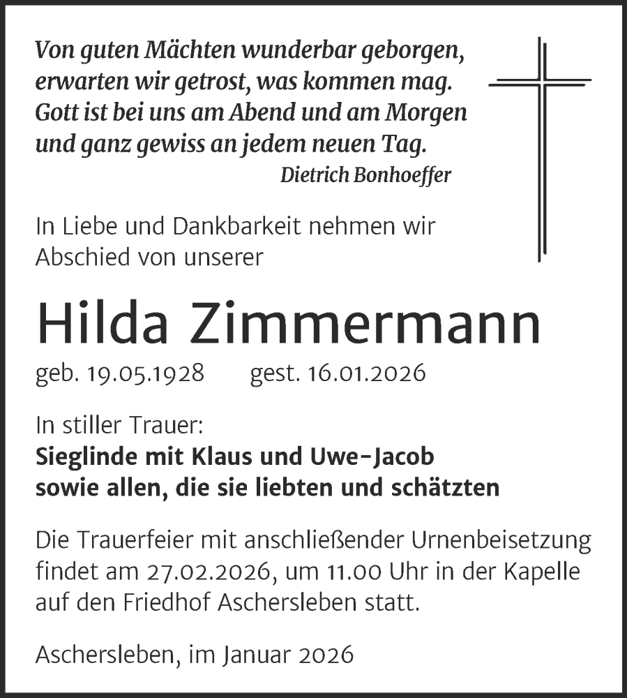  Traueranzeige für Hilda Zimmermann vom 31.01.2026 aus Trauerkombi Aschersleben
