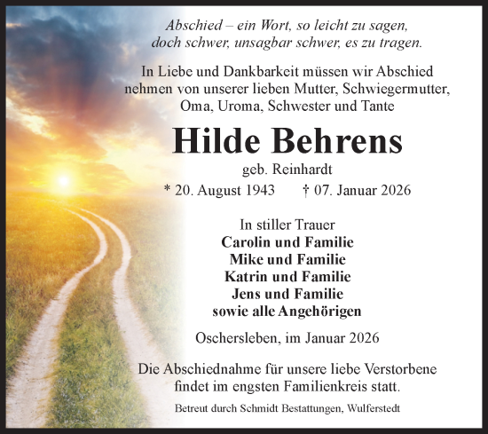 Traueranzeige von Hilde Behrens von Volksstimme Oschersleben/Wanzleben