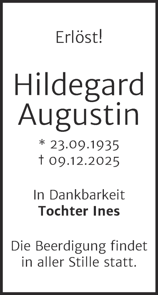 Traueranzeige von Hildegard Augustin von Mitteldeutsche Zeitung Halle/Saalkreis