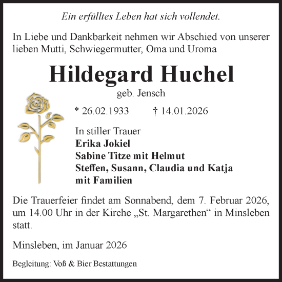 Traueranzeige von Hildegard Huchel von Volksstimme Wernigerode