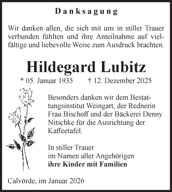 Traueranzeige von Hildegard Lubitz von Volksstimme Haldensleben/Wolmirstedt