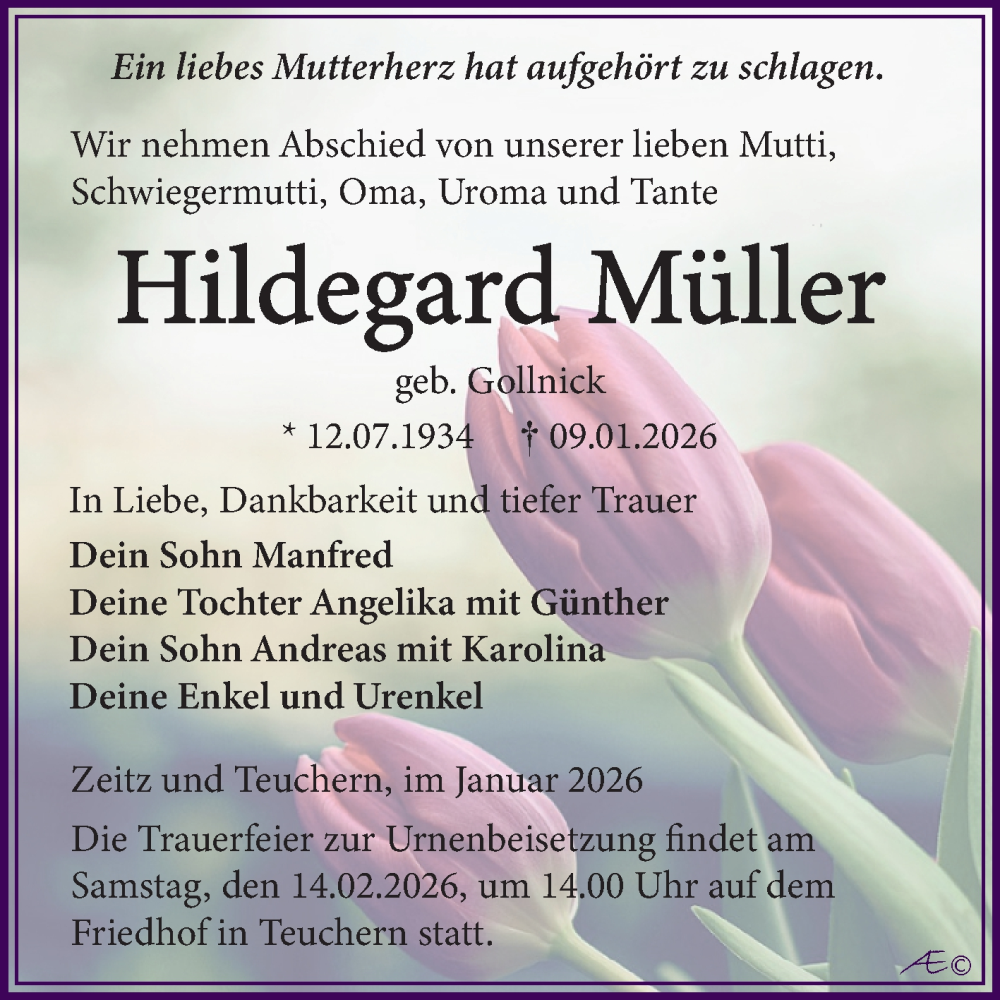  Traueranzeige für Hildegard Müller vom 24.01.2026 aus Trauerkombi Weißenfels
