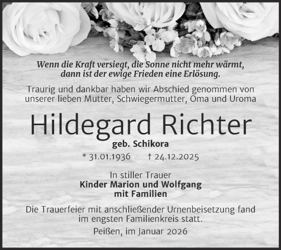 Traueranzeige von Hildegard Richter von Trauerkombi Bernburg