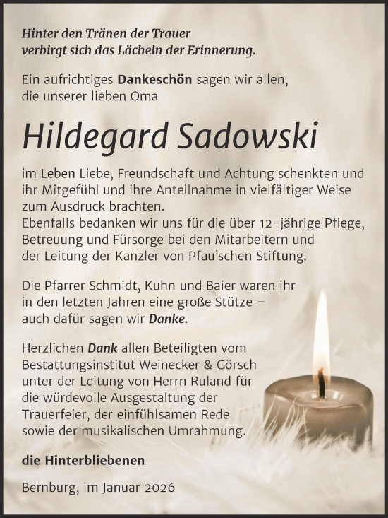 Traueranzeige von Hildegard Sadowski von Trauerkombi Bernburg