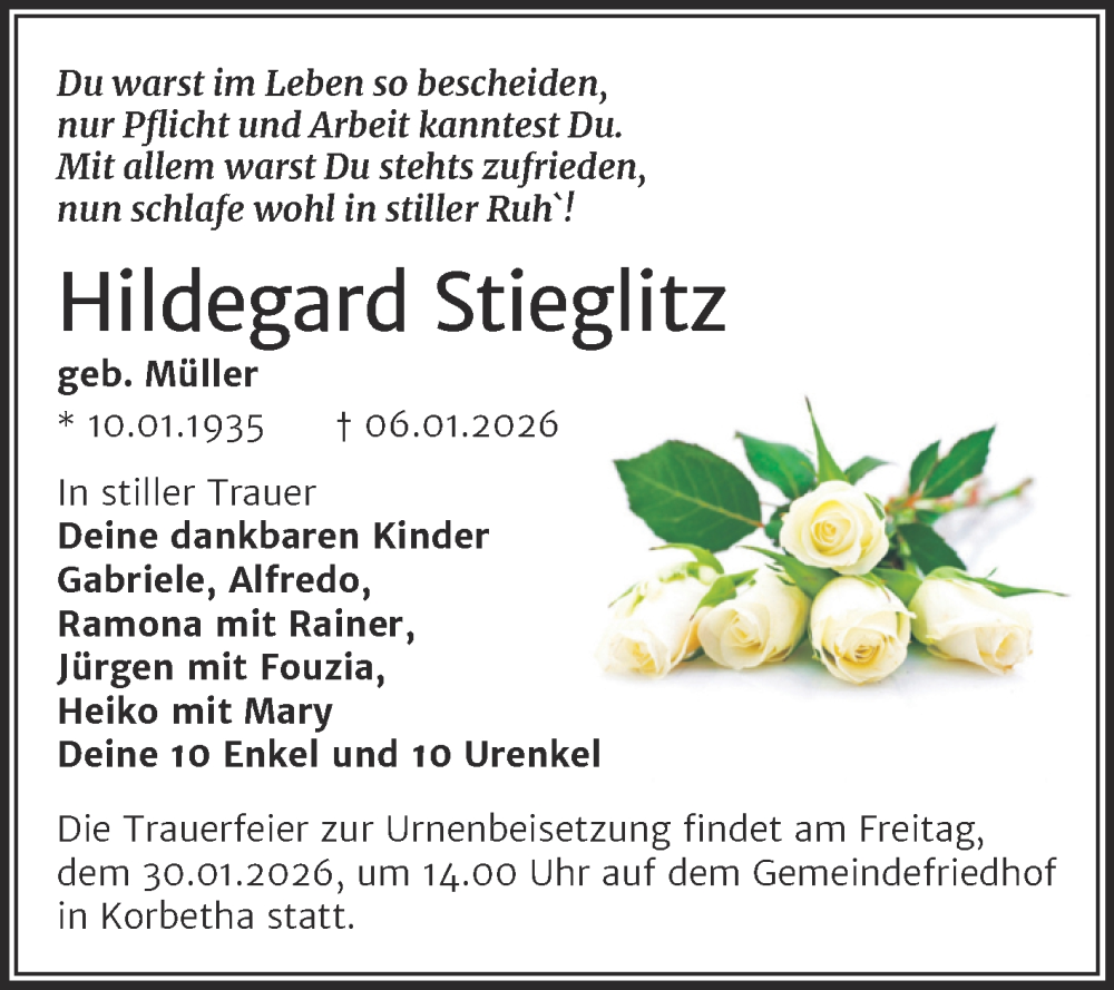  Traueranzeige für Hildegard Stieglitz vom 17.01.2026 aus Trauerkombi Merseburg