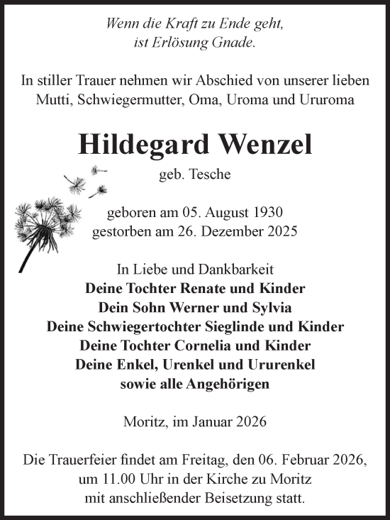 Traueranzeige von Hildegard Wenzel von Volksstimme Zerbst