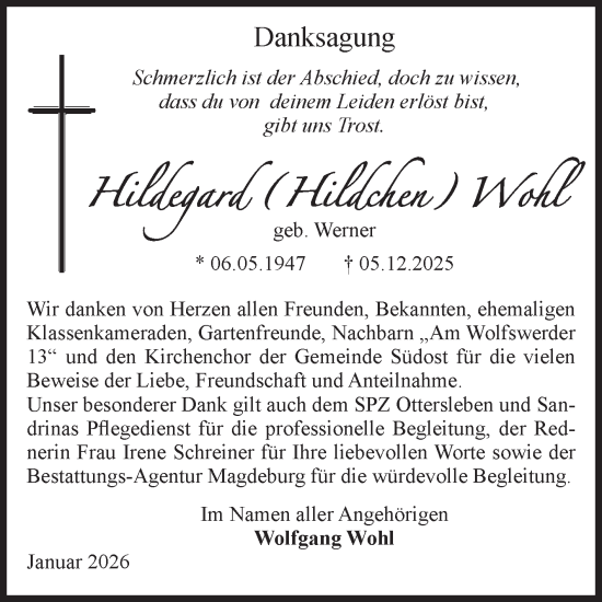Traueranzeige von Hildegard Wohl von Volksstimme Magdeburg