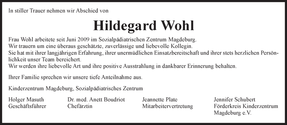  Traueranzeige für Hildegard Wohl vom 10.01.2026 aus Volksstimme Magdeburg