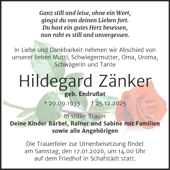 Traueranzeige von Hildegard Zänker von Trauerkombi Merseburg