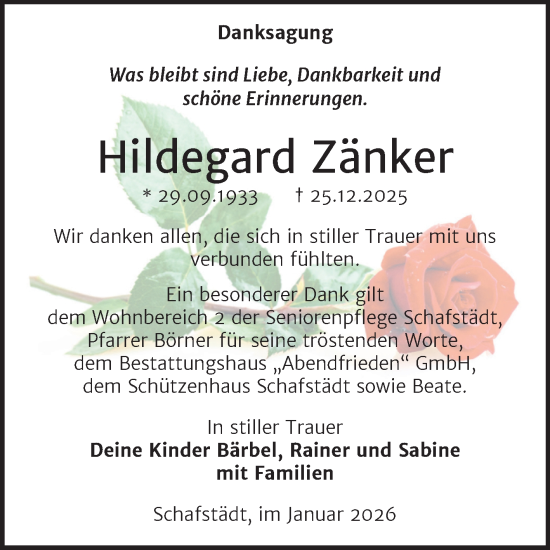 Traueranzeige von Hildegard Zänker von Trauerkombi Merseburg
