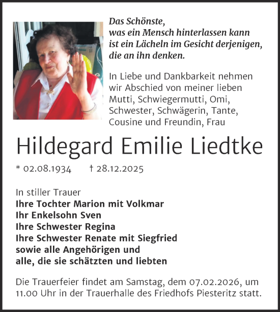 Traueranzeige von Hildegard Emilie Liedtke von Trauerkombi Wittenberg