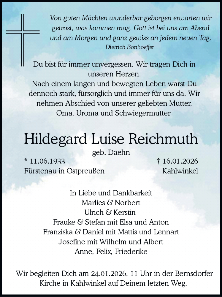  Traueranzeige für Hildegard Luise Reichmuth vom 21.01.2026 aus Naumburger Tageblatt