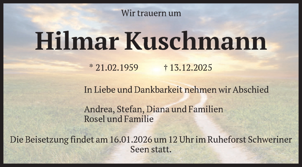  Traueranzeige für Hilmar Kuschmann vom 02.01.2026 aus Volksstimme Altmark Ost