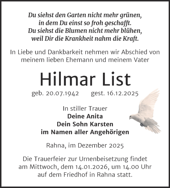 Traueranzeige von Hilmar List von Trauerkombi Weißenfels