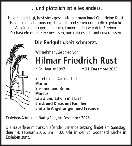 Traueranzeige von Hilmar Friedrich Rust von Volksstimme Altmark Ost