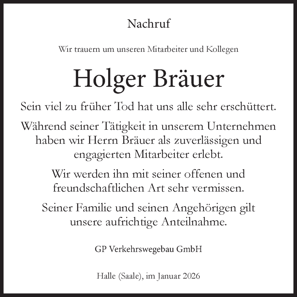  Traueranzeige für Holger Bräuer vom 17.01.2026 aus Mitteldeutsche Zeitung Halle/Saalkreis