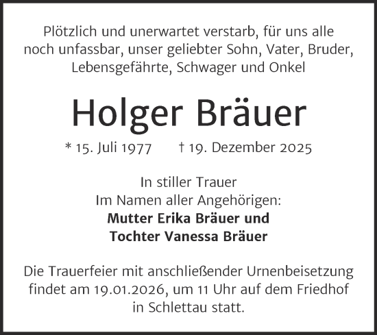 Traueranzeige von Holger Bräuer von Mitteldeutsche Zeitung Halle/Saalkreis