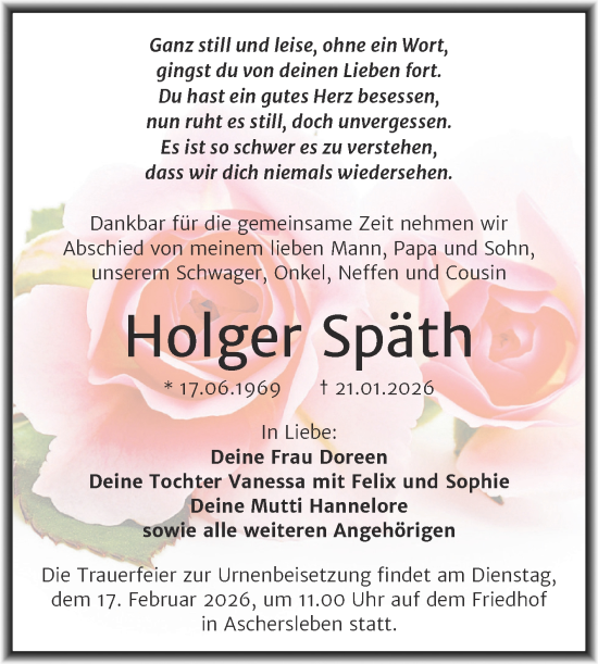 Traueranzeige von Holger Späth von Trauerkombi Aschersleben
