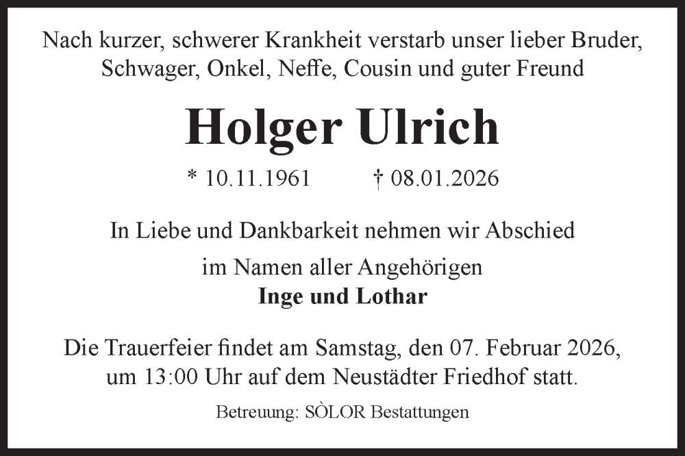  Traueranzeige für Holger Ulrich vom 24.01.2026 aus Volksstimme Magdeburg