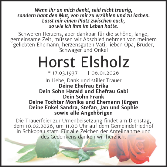 Traueranzeige von Horst Elsholz von Trauerkombi Merseburg