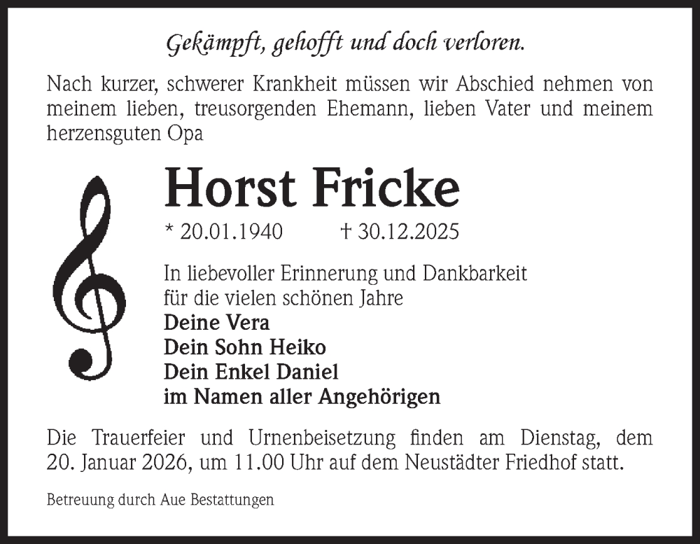  Traueranzeige für Horst Fricke vom 10.01.2026 aus Volksstimme Magdeburg