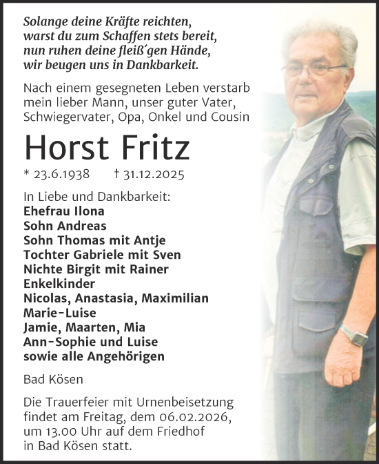 Traueranzeige von Horst Fritz von Naumburger Tageblatt