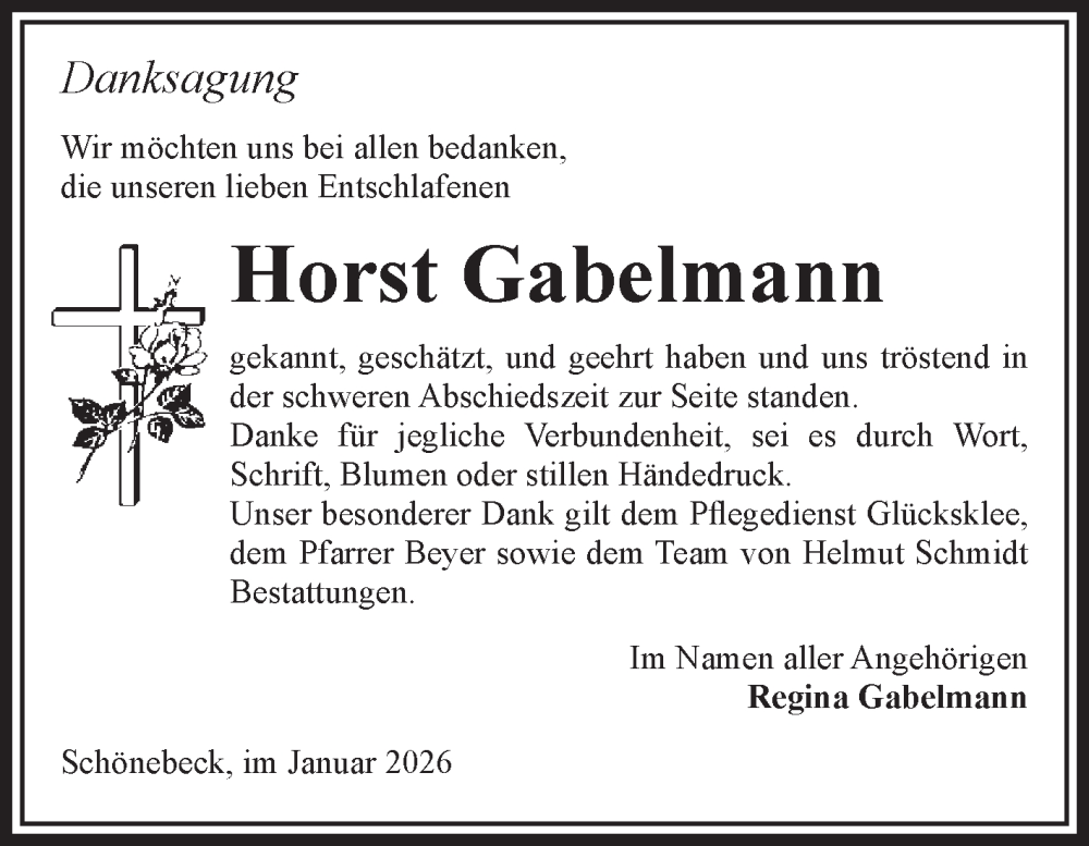  Traueranzeige für Horst Gabelmann vom 24.01.2026 aus Volksstimme Schönebeck