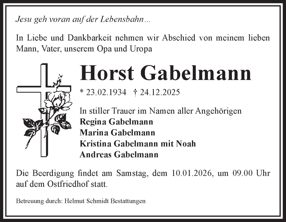  Traueranzeige für Horst Gabelmann vom 03.01.2026 aus Volksstimme Schönebeck